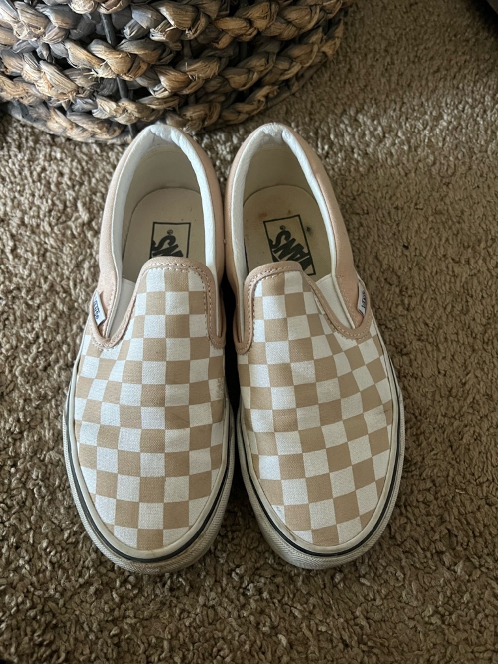 Vans Beige and White Checkerboard Slip-On Sneakers